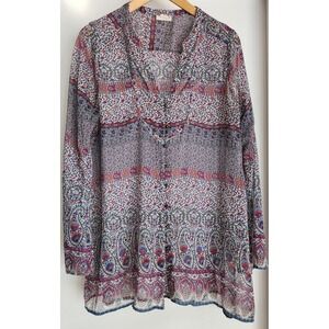 Converse One Star Paisley Blouse L Multicolor Sheer Chiffon Boho Tunic Button